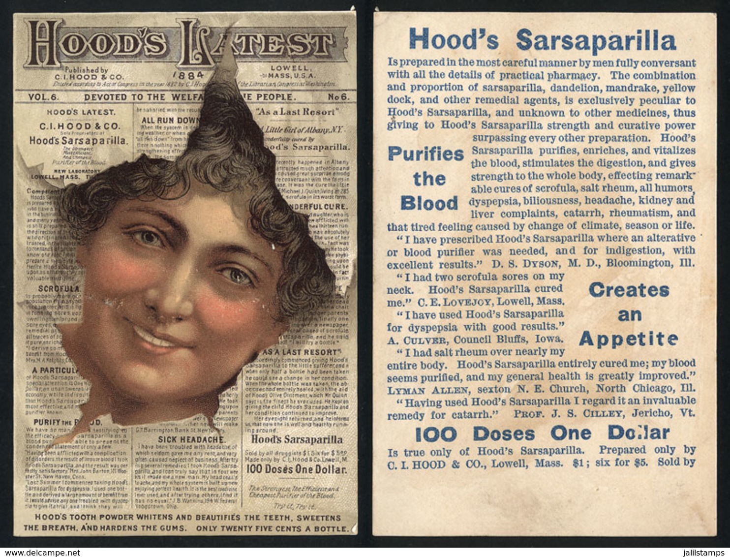 UNITED STATES: Old Advertising Card For "Hood's Sarsaparilla" (medicine), Image Of Beautiful Lady And Periodical, Fine Q - Autres & Non Classés