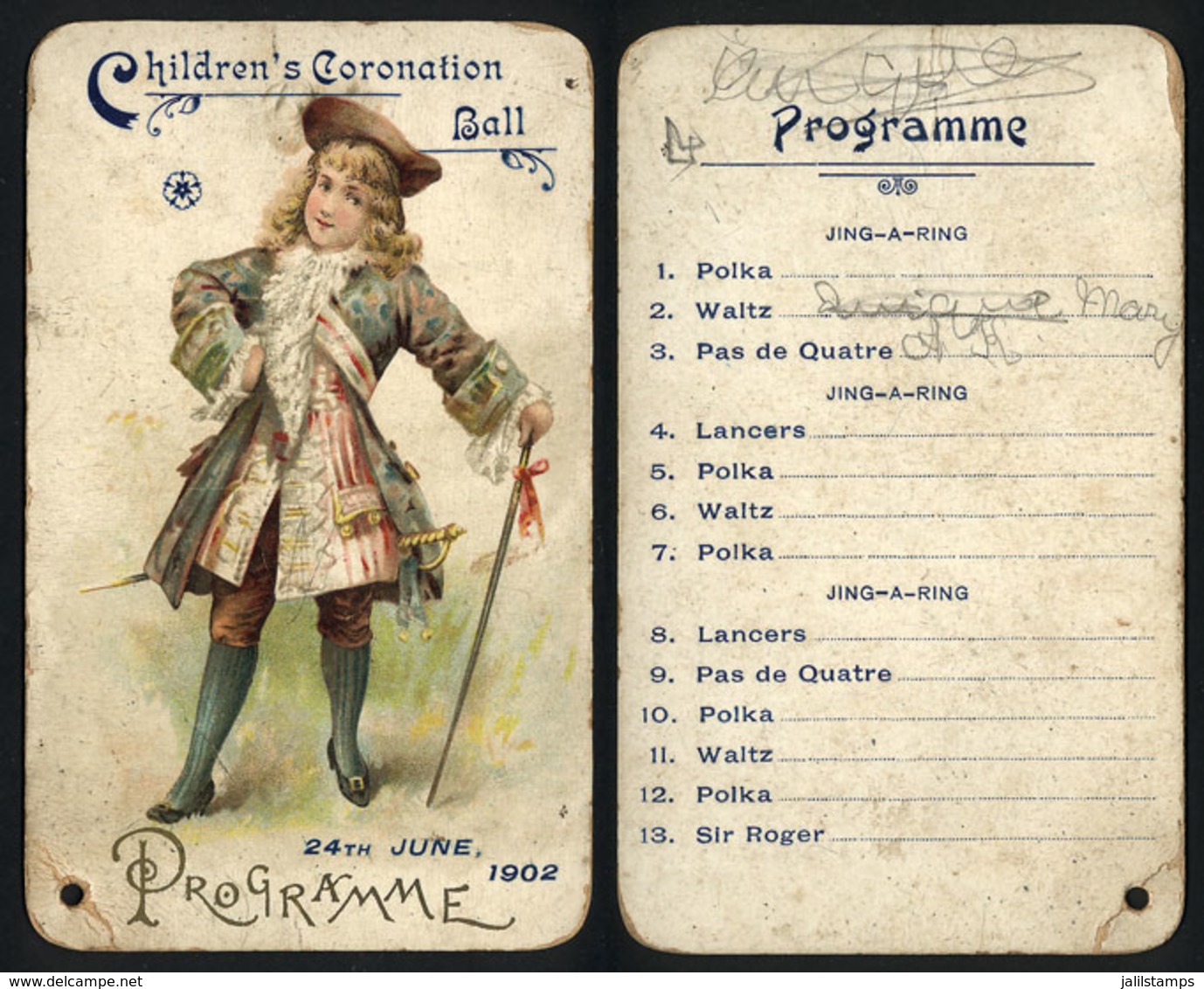 UNITED STATES: Old Card With Program For Children's Coronation Ball, List Of Musical Pieces On Back, Fine Quality - Autres & Non Classés