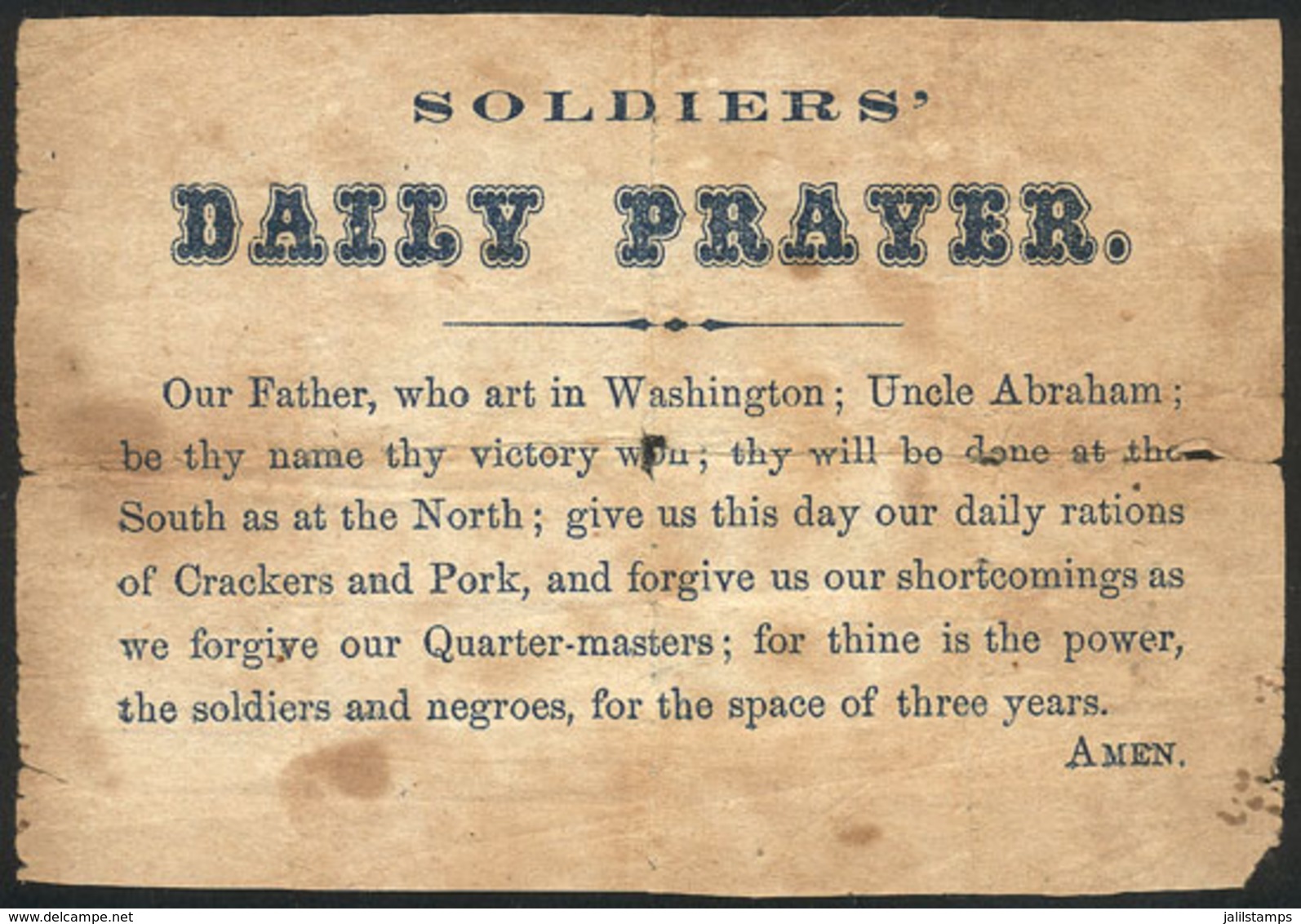 UNITED STATES: "Soldiers' Daily Prayer", Interesting Small Sheet (circa 1862), Minor Defects, Rare!" - Non Classés