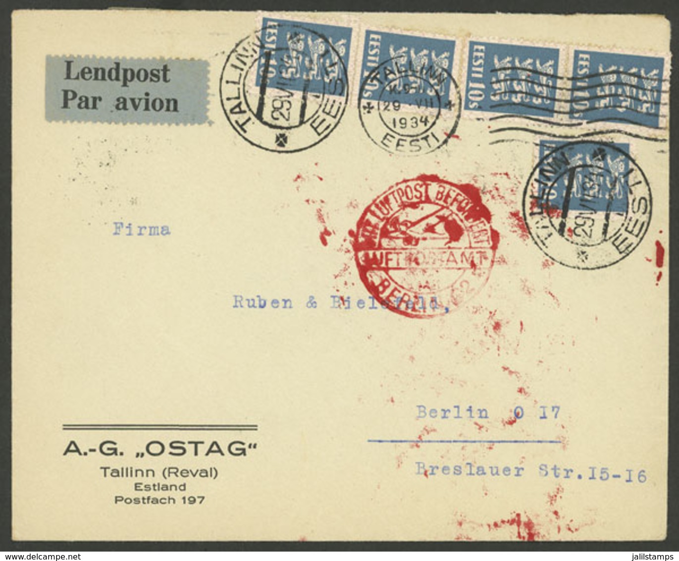 ESTONIA: 29/JUL/1934 Tallinn - Berlin, Airmail Cover Sent By DLH Franked With 50s., With Arrival Backstamp For The Same  - Estonie