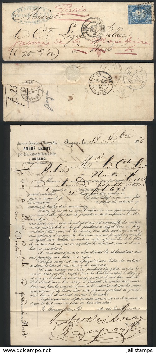 FRANCE: Commercial Entire Letter (interesting Printed Matter) Sent From Angers To Paris On 18/DE/1872 Franked With 25c., - Altri & Non Classificati
