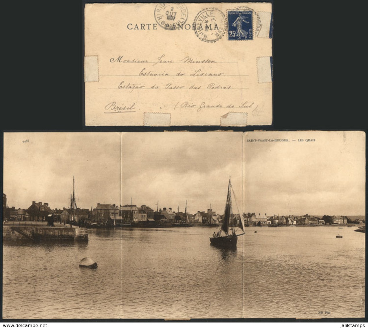 FRANCE: Triple Postcard With View Of "Saint-Vaast-La-Hougue, Les Quais", Franked With 25c. And Sent To Brazil On 4/SE/19 - Autres & Non Classés