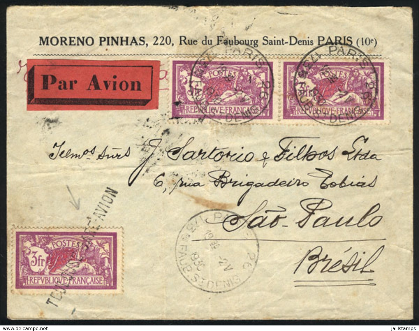 FRANCE: Airmail Cover Sent From Paris To Brazil On 2/MAY/1930, Franked With 3 Stamps Of 3Fr., 2 Cancelled In Paris And T - Autres & Non Classés