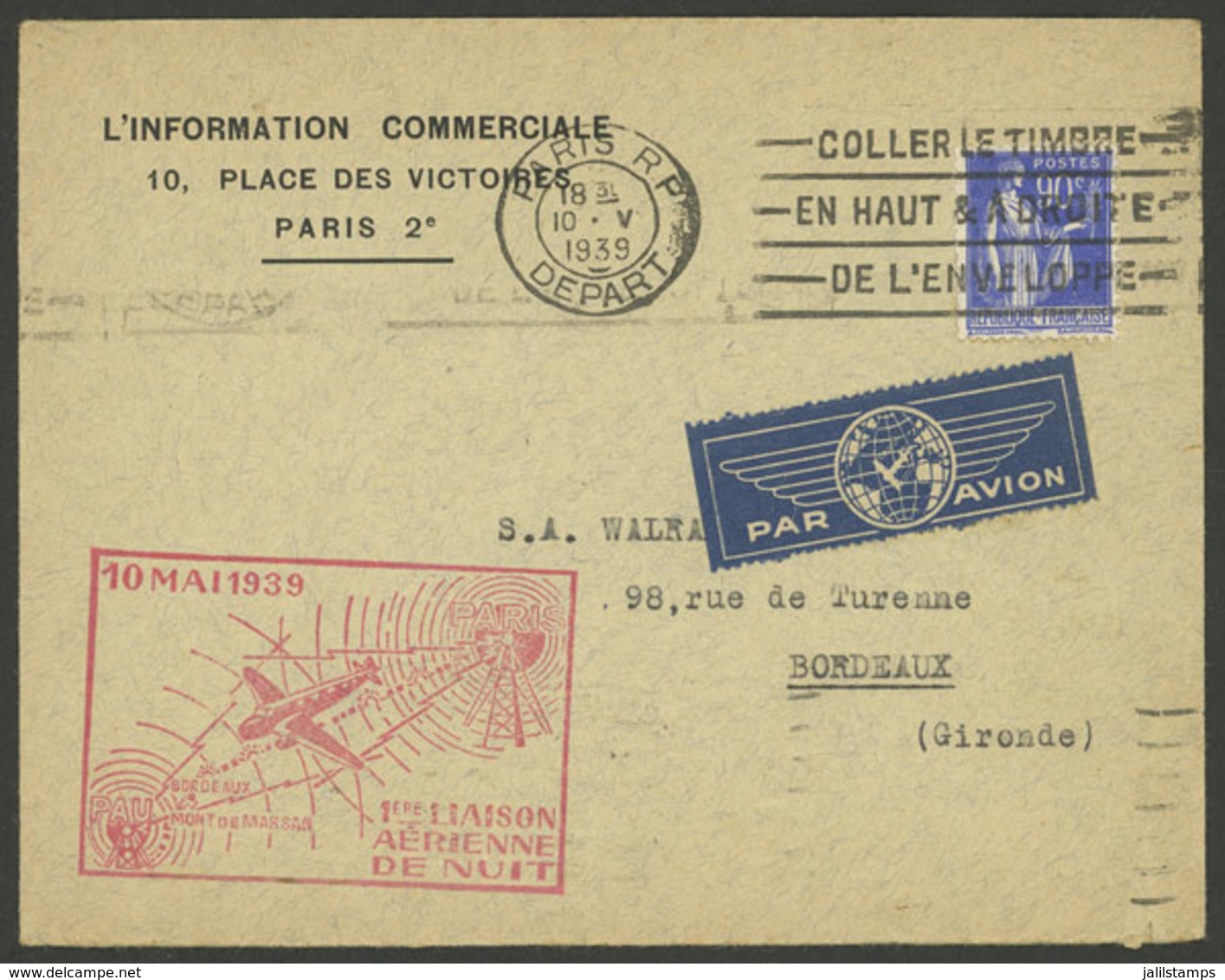 FRANCE: 10/MAY/1939 Pairs - Bordeaux, First Night Flight, Cover With Special Rose Handstamp And Arrival Mark On Back. - Autres & Non Classés