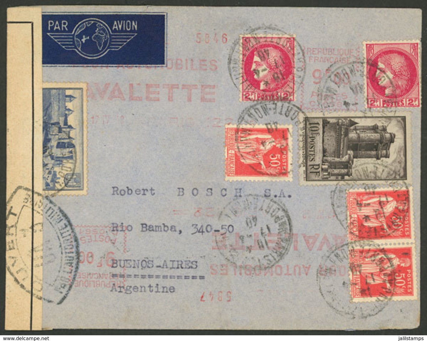 FRANCE: MIXED POSTAGE Meter + Postage Stamps (total 38.50Fr.), Sent From Paris To Buenos Aires On 17/AP/1940, With Frenc - Autres & Non Classés