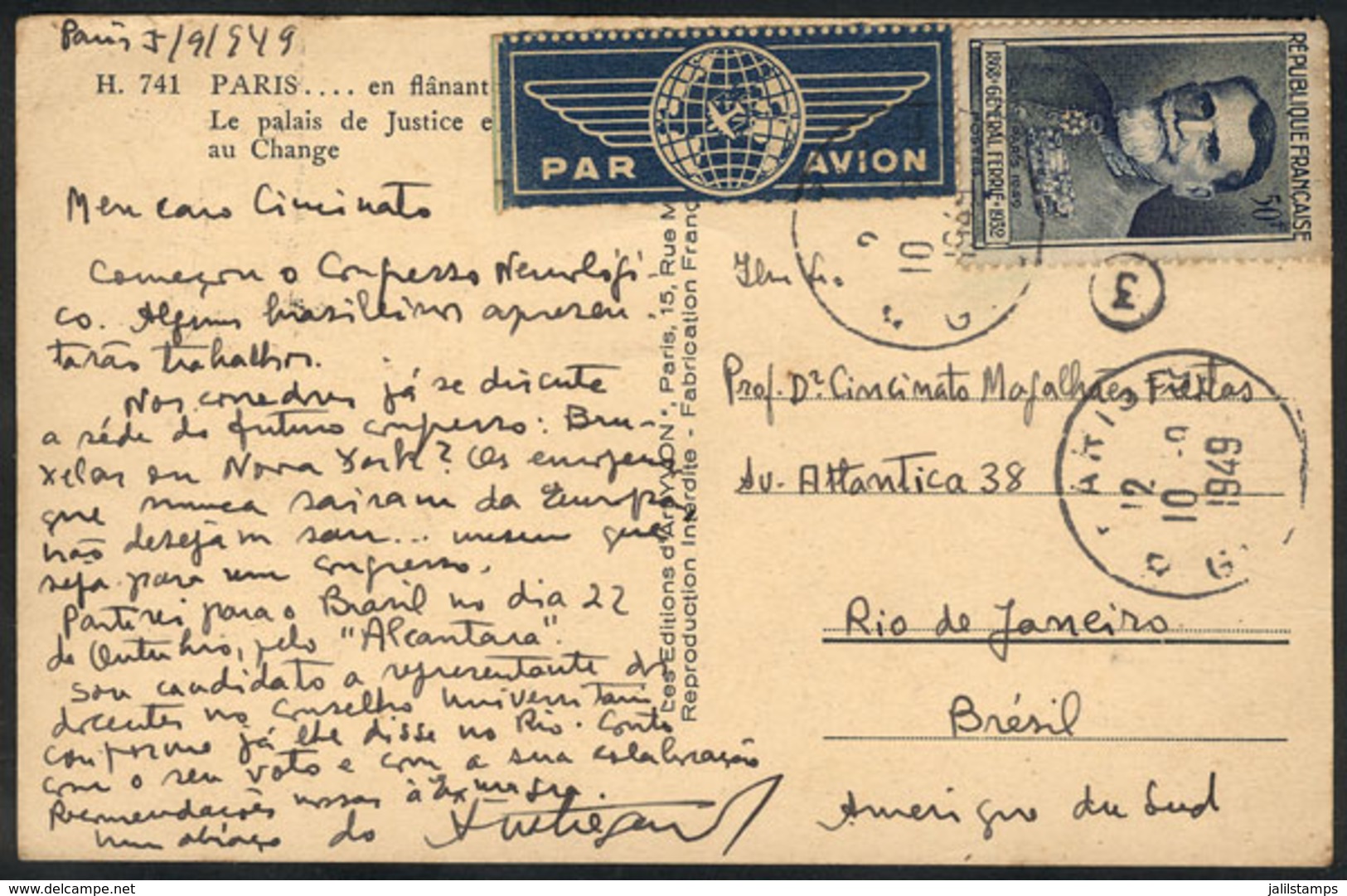 FRANCE: Postcard Sent From Paris To Rio De Janeiro On 10/SE/1949, With Nice Commemorative Postage Of 50Fr., VF Quality! - Autres & Non Classés