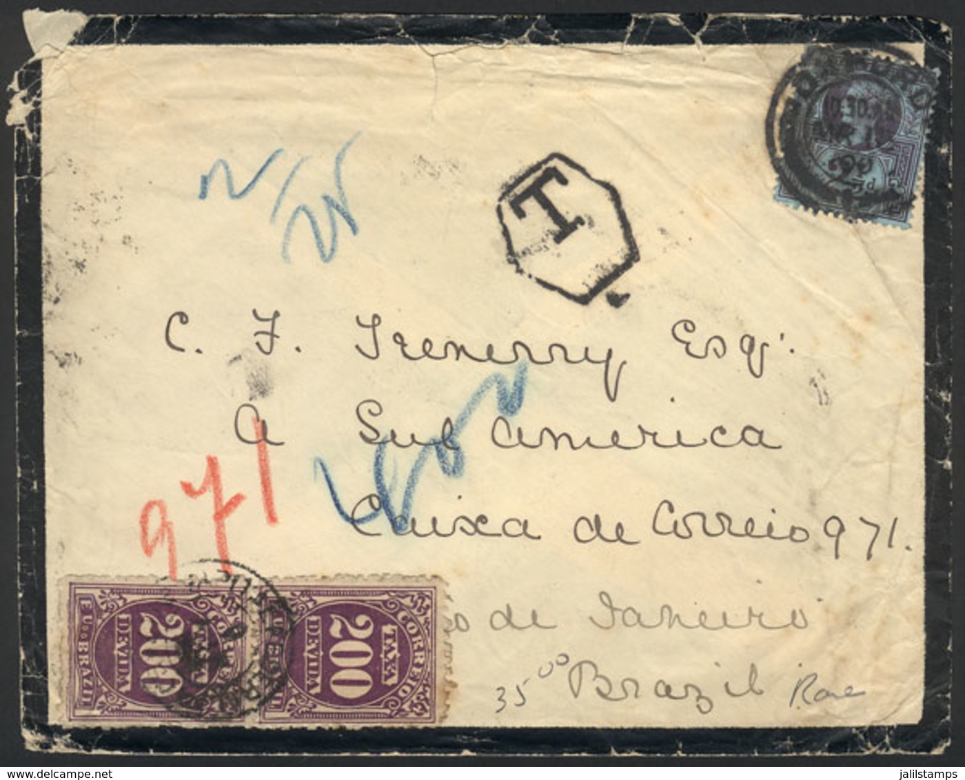 GREAT BRITAIN: Mourning Cover Sent From Oxford To Rio De Janeiro On 13/MAR/1900 With Insufficient Postage And Dues Mark, - Autres & Non Classés