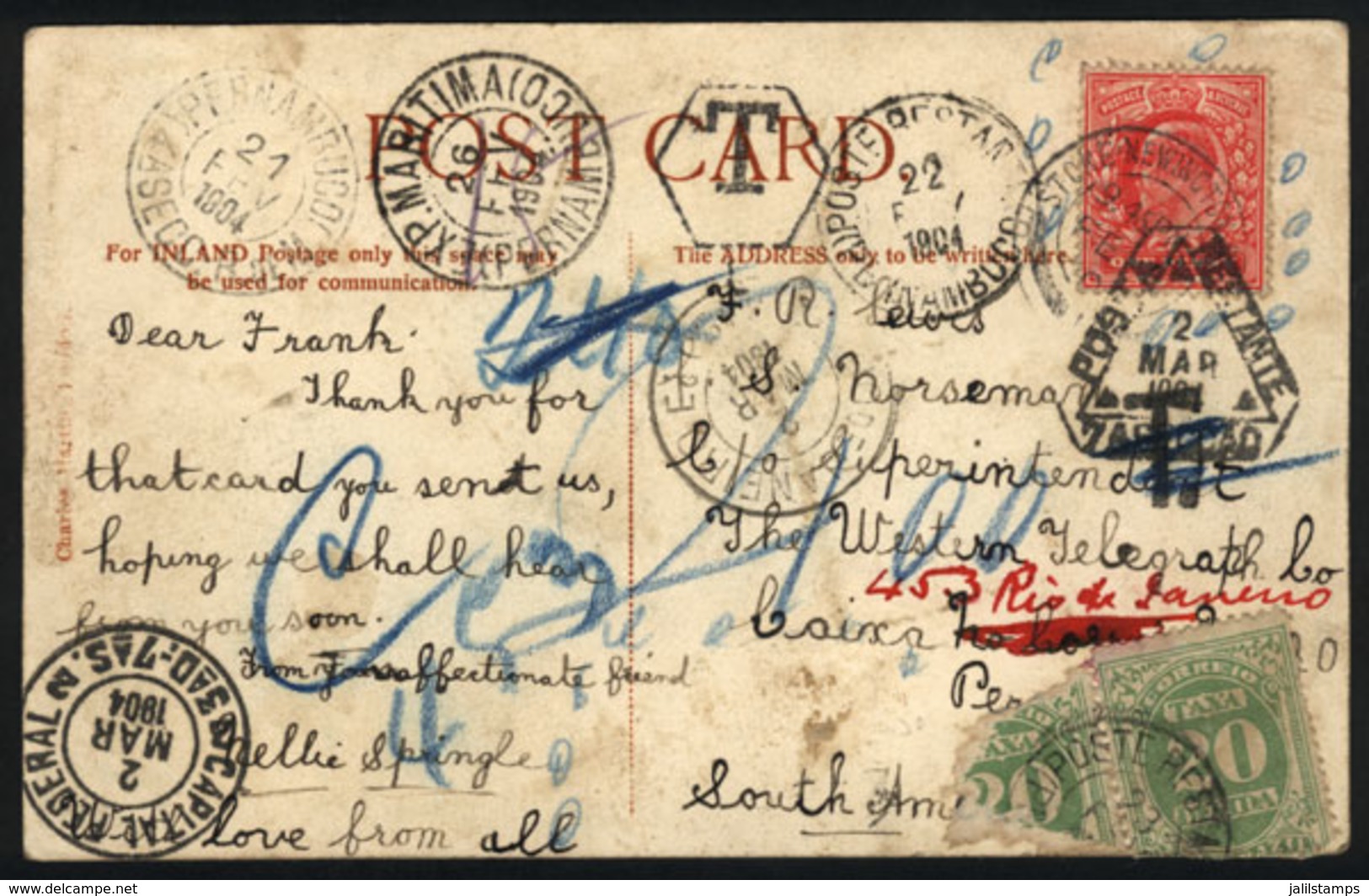 GREAT BRITAIN: Postcard Franked With 1p. And Sent To Brazil On 6/FE/1904, The Addressee Was Hard To Find And So The Card - Autres & Non Classés