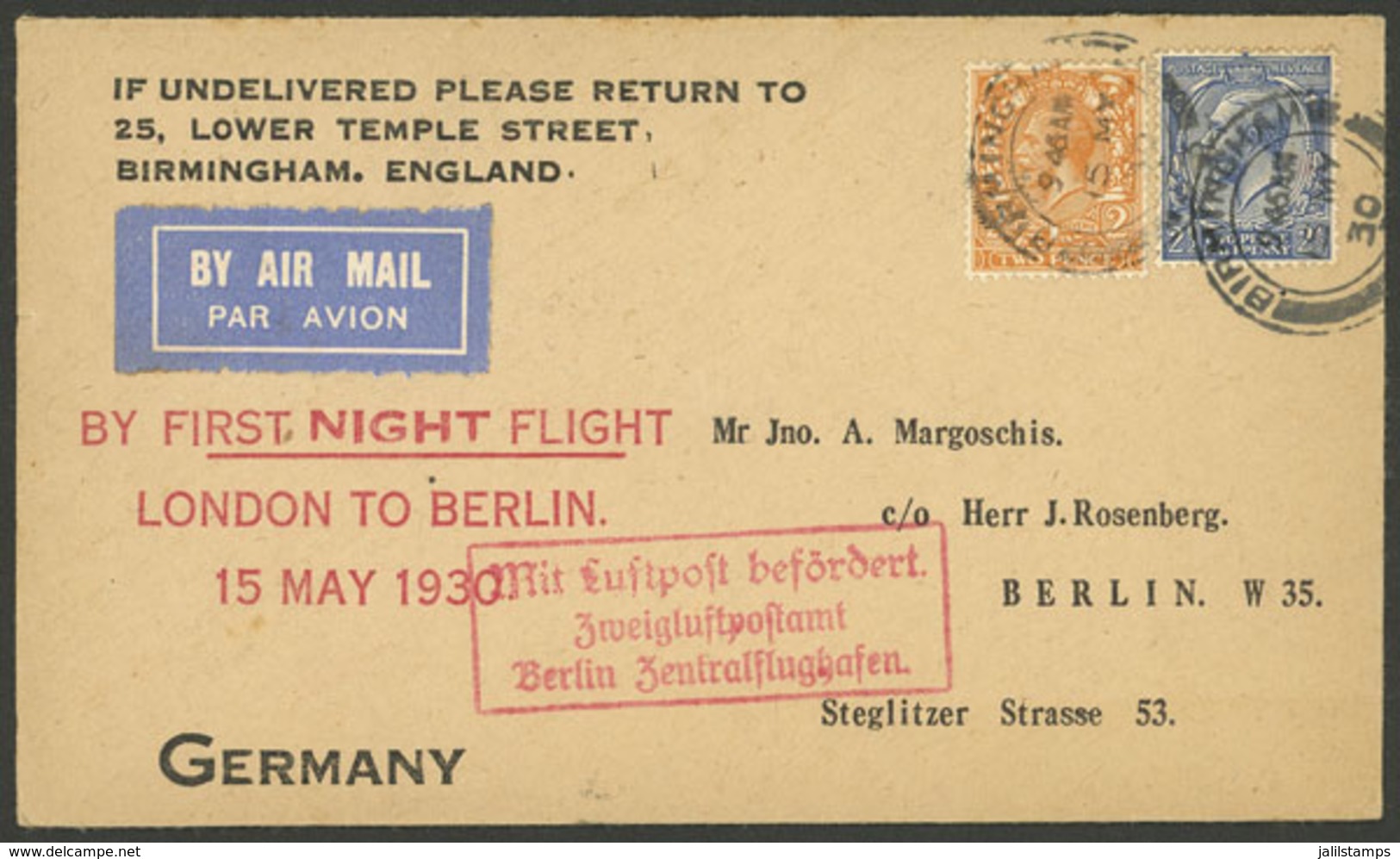 GREAT BRITAIN: 15/MAY/1930 London - Berlin, First Night Airmail, Cover Of VF Quality With Arrival Backstamp! - Autres & Non Classés