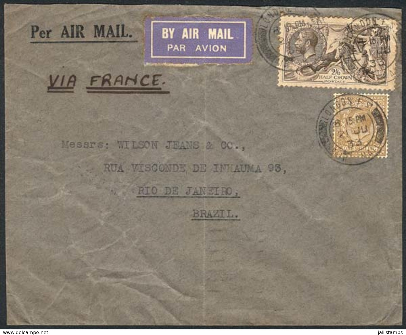GREAT BRITAIN: Airmail Cover Sent From London To Brazil Via AIR FRANCE On 21/JUN/1933, With Transit Mark Of Toulouse 24/ - Autres & Non Classés