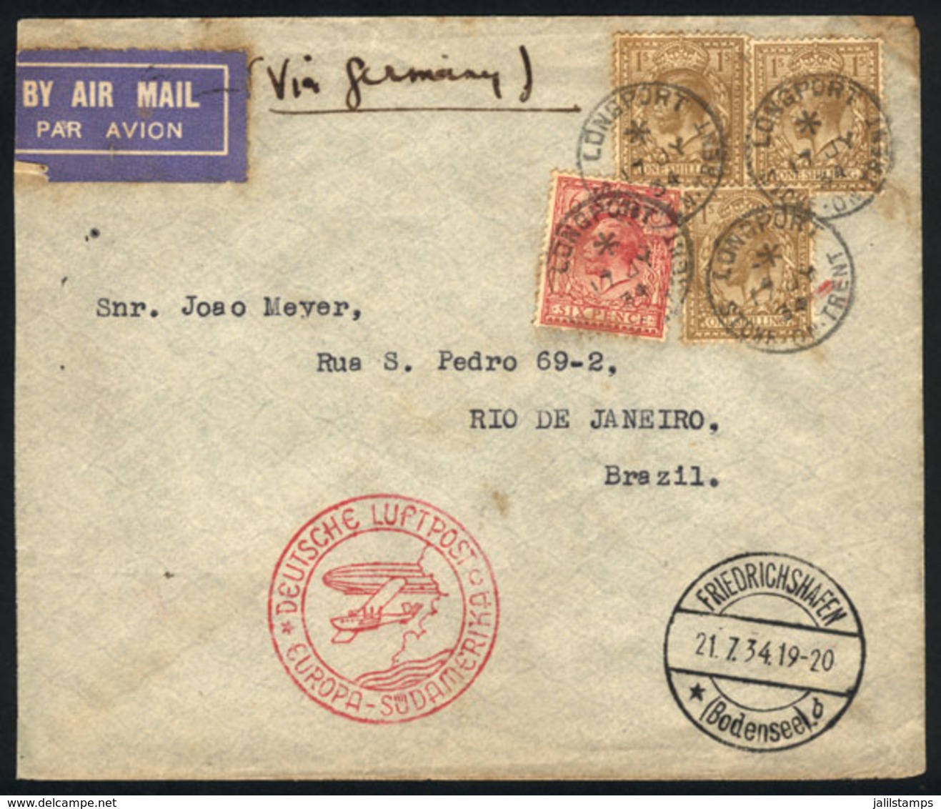 GREAT BRITAIN: ZEPPELIN: Cover Sent From Longport To Rio De Janeiro On 17/JUL/1934, Transit Mark Of Friedrichshafen 21/J - Autres & Non Classés