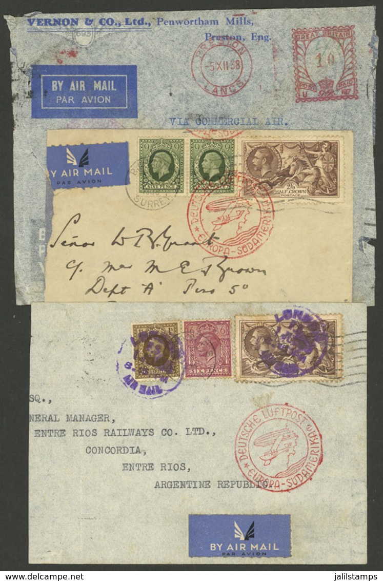 GREAT BRITAIN: 3 Airmail Covers Sent To Argentina Between 1936 And 1938, All By German DLH, With Defects But Interesting - Autres & Non Classés