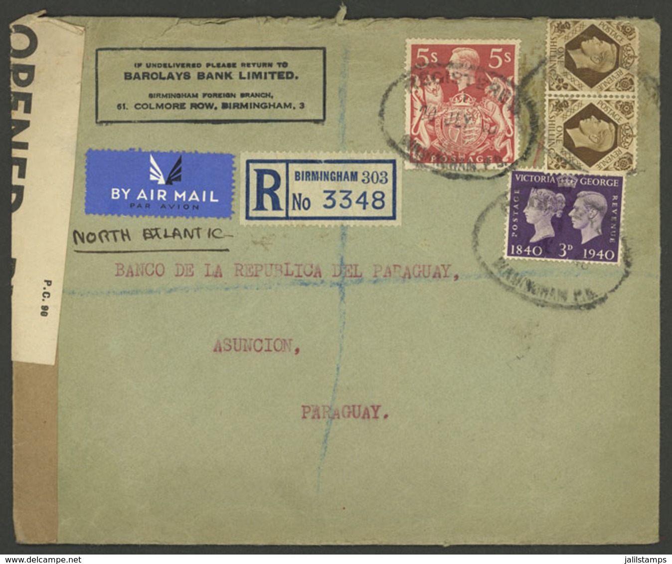 GREAT BRITAIN: 20/JUL/1940 Birmingham - Paraguay, Registered Airmail Cover With Nice Postage And Censor Label, On Back T - Autres & Non Classés