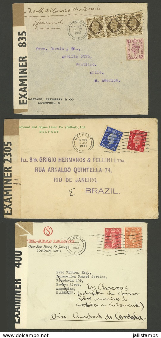 GREAT BRITAIN: 3 Covers Sent To Argentina, Brazil And Chile In 1941, All Censored, Attractive Group! - Autres & Non Classés