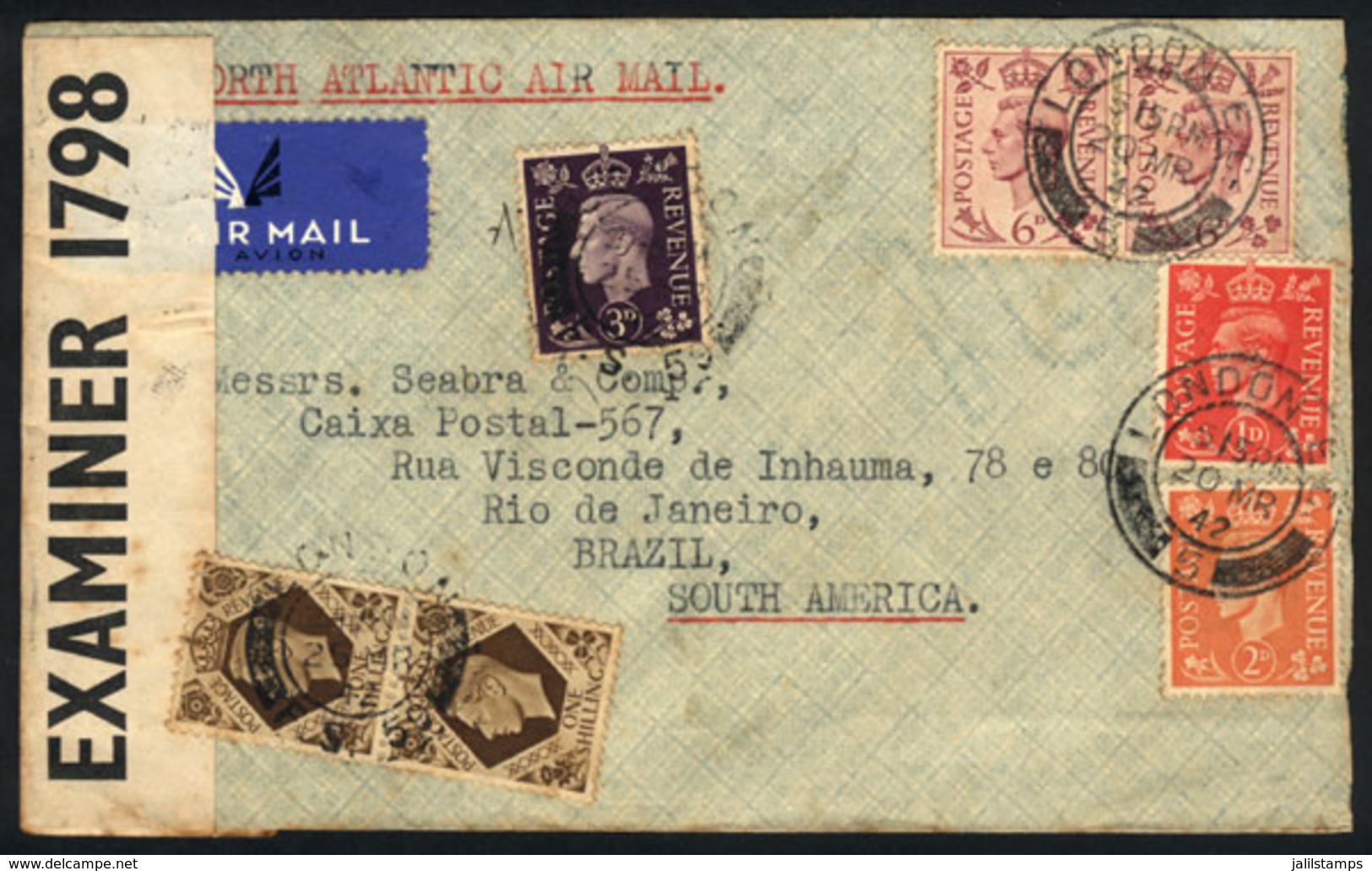 GREAT BRITAIN: Airmail Cover Sent From London To Rio De Janeiro On 20/MAR/1942, Censored, Nice Multicolor Postage! - Autres & Non Classés