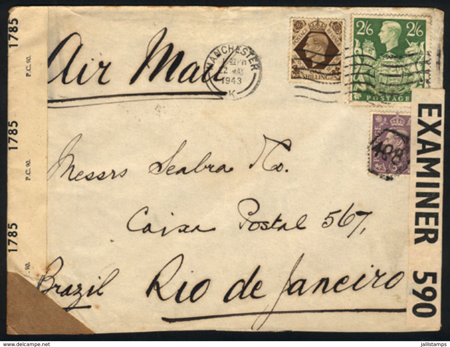 GREAT BRITAIN: Airmail Cover Sent From Manchester To Rio De Janeiro On 22/MAY/1943, With Nice Postage And Double Censors - Autres & Non Classés