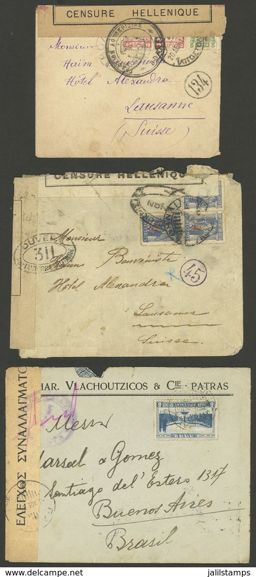 GREECE: 3 Covers Sent Fto Switzerland And Argentina Between 1917 And 1936, All With Attractive CENSOR Labels, Very Nice  - Autres & Non Classés