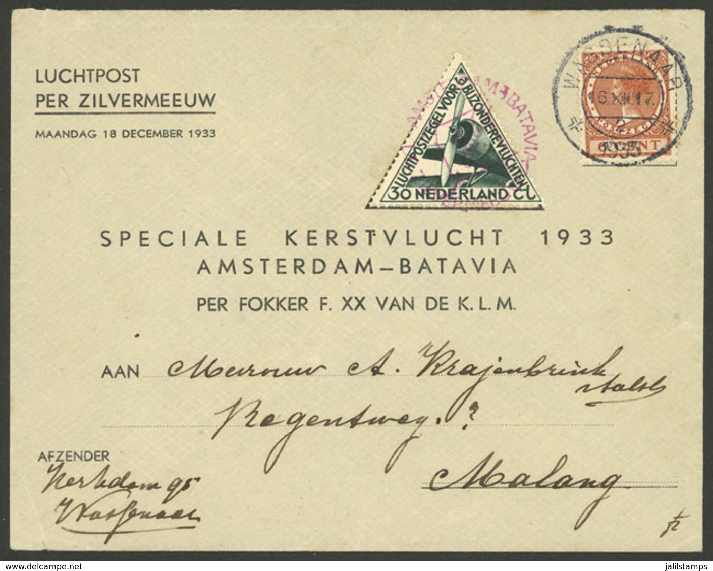 NETHERLANDS: 16/DE/1933 Amsterdam - Batavia, First Flight, Cover Of VF Quality With Arrival Backstamp - Autres & Non Classés