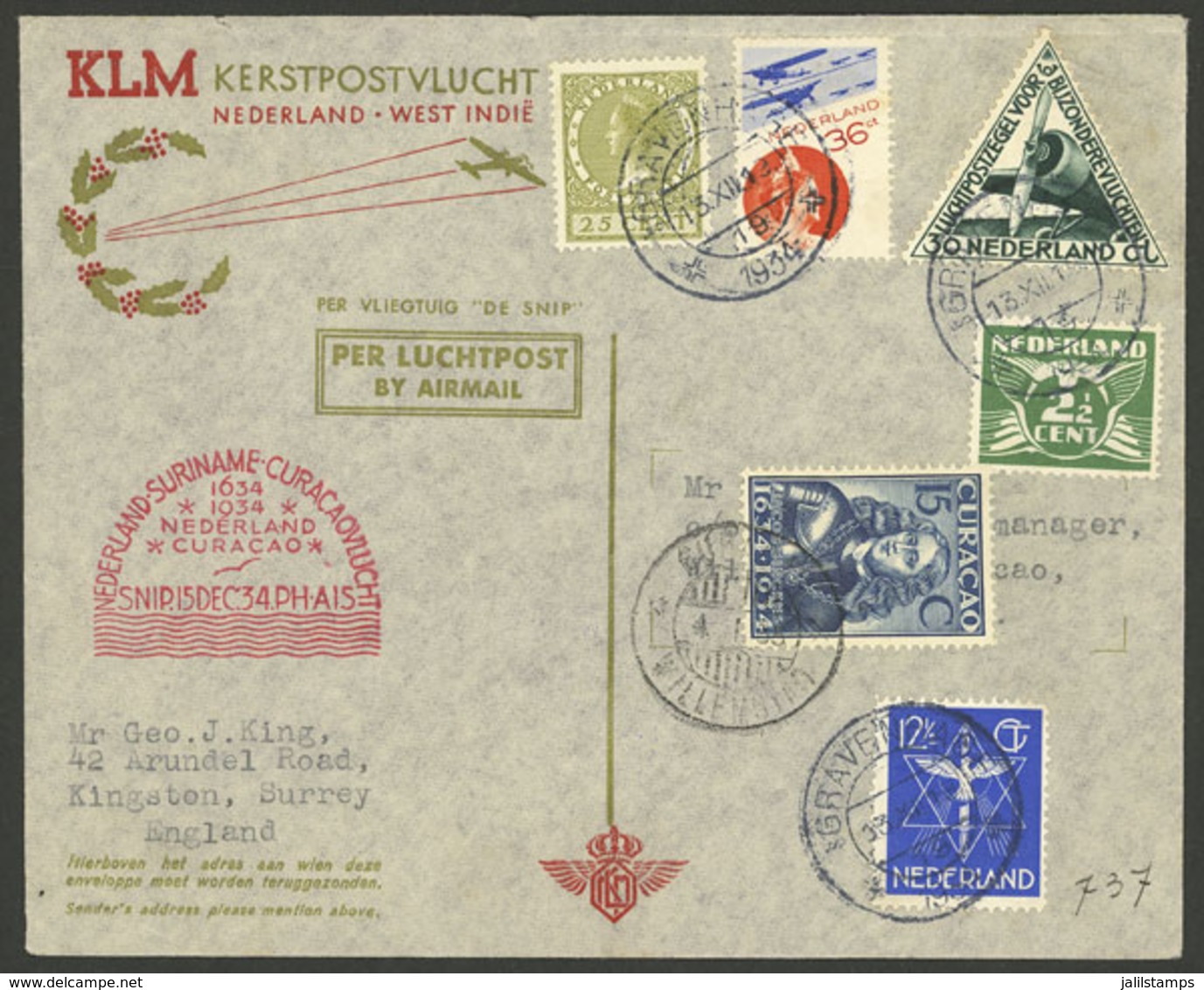 NETHERLANDS: 13/DE/1934 Amsterdam - Curacao, First Flight, Cover Of VF Quality With Handsome Postage! - Autres & Non Classés