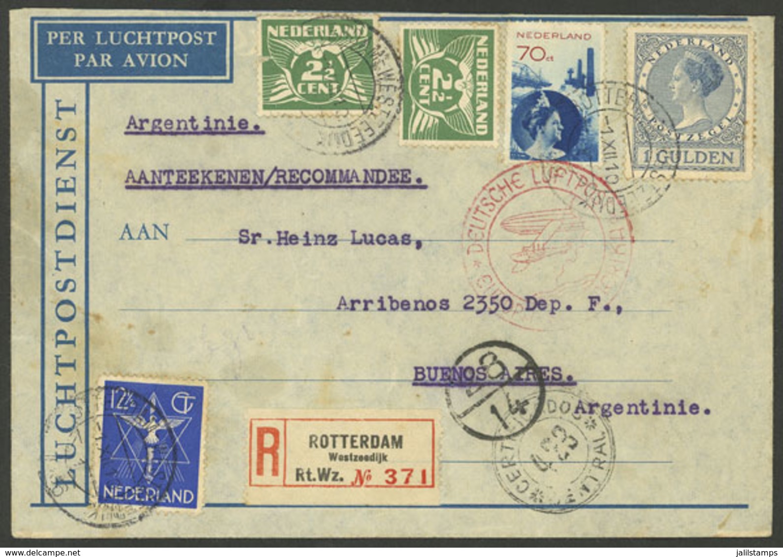 NETHERLANDS: 1/DE/1936 Rotterdam - Argentina, Registered Airmail Cover Sent By German DLH Franked With 1.87½G., On Back  - Autres & Non Classés