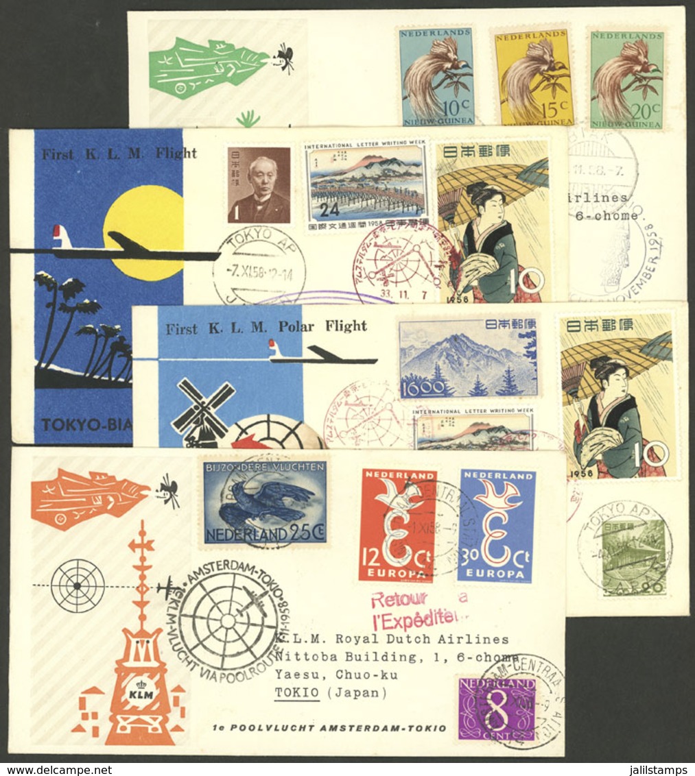 NETHERLANDS: 1/NO/1958 Amsterdam - Tokyo And Back, 2 Covers Of The First KLM Flights By POLAR Route, Also 2 Covers Of To - Sonstige & Ohne Zuordnung