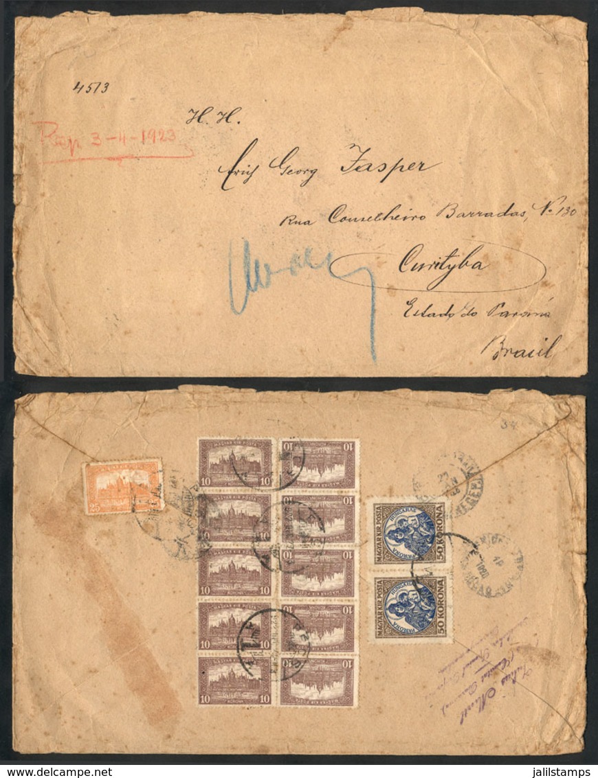 HUNGARY: Cover Sent From Pecs To Brazil On 27/DE/1922 With Fantastic Postage On Reverse, Very Interesting! - Autres & Non Classés