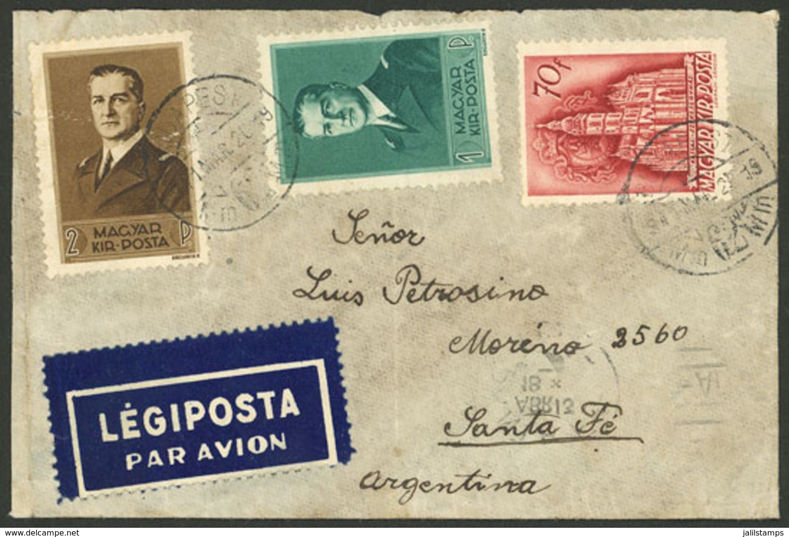 HUNGARY: 20/MAR/1941 Budapest - Argentina, Airmail Cover Franked With 3.70P., Arrival Backstamp Of Santa Fe 13/AP, Back  - Autres & Non Classés