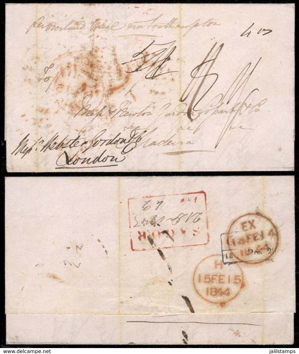 BRITISH INDIA: Entire Letter Dated SAUGOR 21/DE/1843 Sent To MADEIRA (arrival 26/FE/1844), Bearing Red Backstamps: Recta - Autres & Non Classés