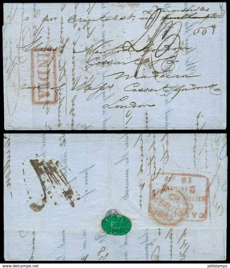 BRITISH INDIA: Entire Letter Dated CALCUTTA 2/JUL/1852 And Posted To MADEIRA (arrival 6/SE), On Front Bearing Red "INDIA - Autres & Non Classés