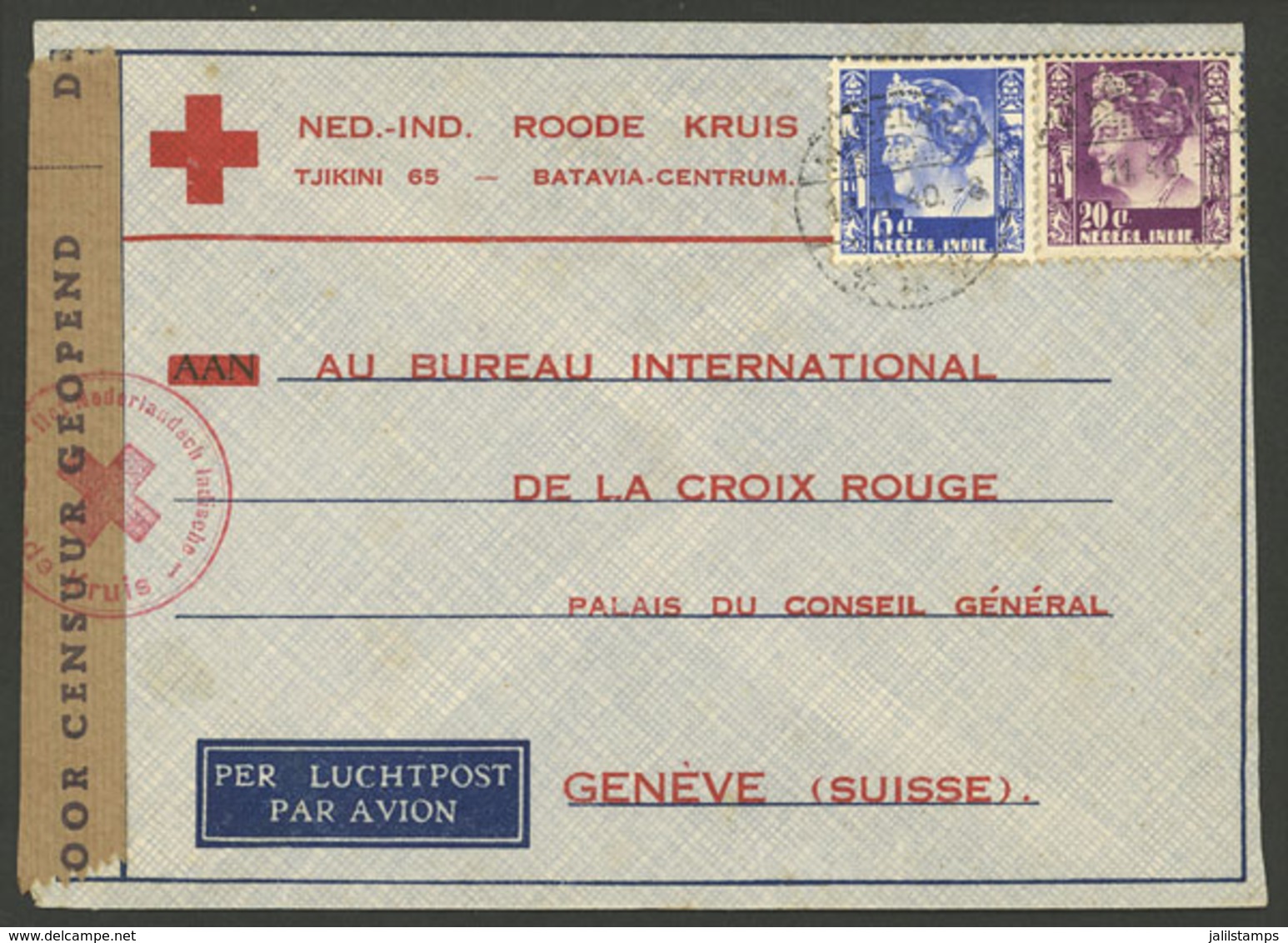 NETHERLANDS INDIES: 19/NO/1940 Batavia - Switzerland, Red Cross Airmail Cover Sent To Geneve Franked With 35c., Censored - Indes Néerlandaises