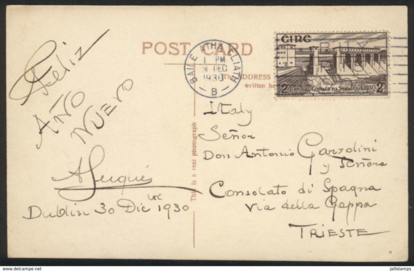 IRELAND: Postcard Franked With 2p., Sent From Dublin To Trieste On 31/DE/1930, VF Quality! - Autres & Non Classés