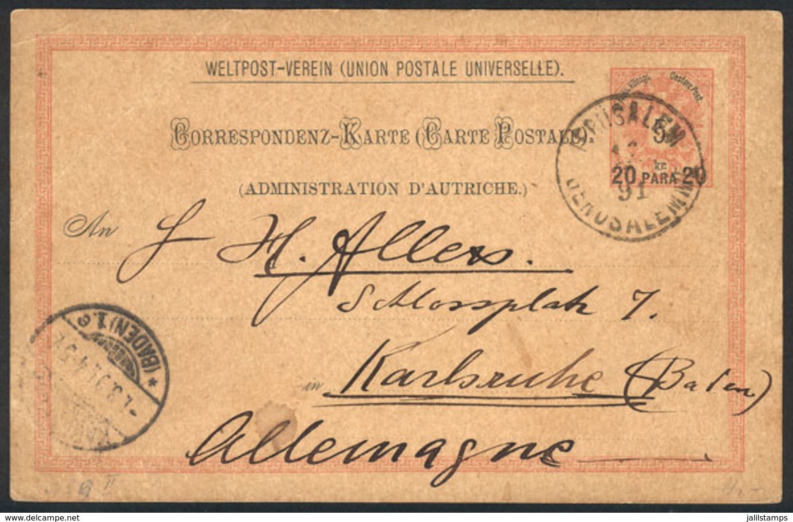 ISRAEL: 20pa. Postal Card Sent From The Austrian Postal Office In JERUSALEM To Germany On 12/FE/1891, VF Quality! - Altri & Non Classificati