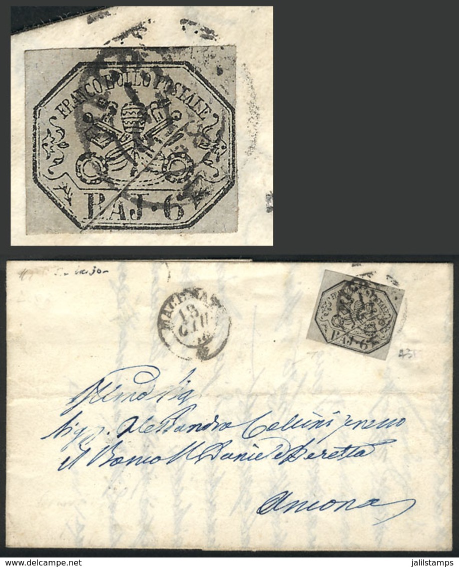 ITALY: Entire Letter Sent From Macerata To Ancona On 13/JUN/1858, Franked With Sc.6 Of Vatican States, With VARIETY: Not - Non Classés