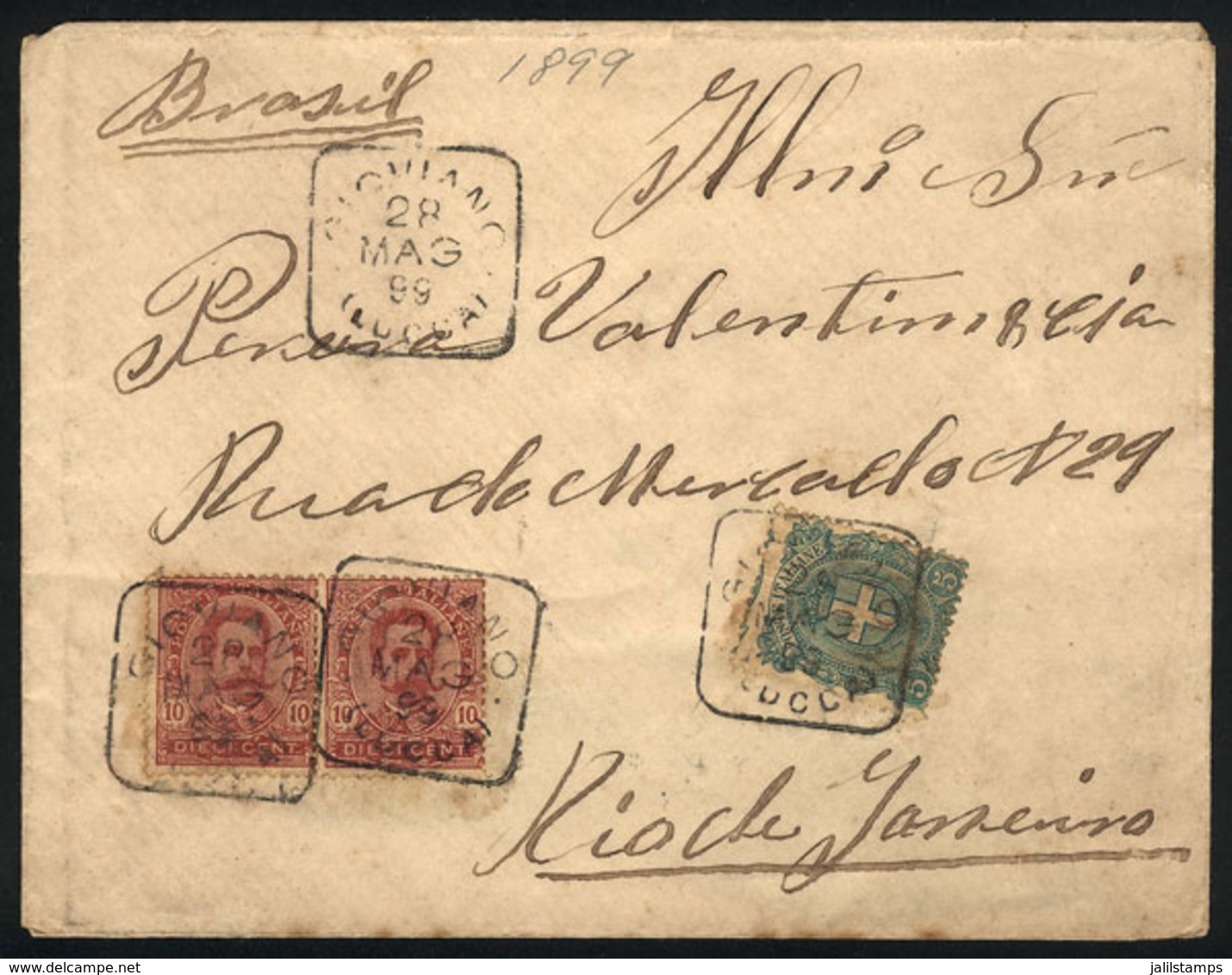 ITALY: Cover Sent To Rio De Janeiro On 28/MAY/1899 Franked With 25c., With Interesting Cancel Of GIOVIANO - LUCCA, Minor - Non Classés