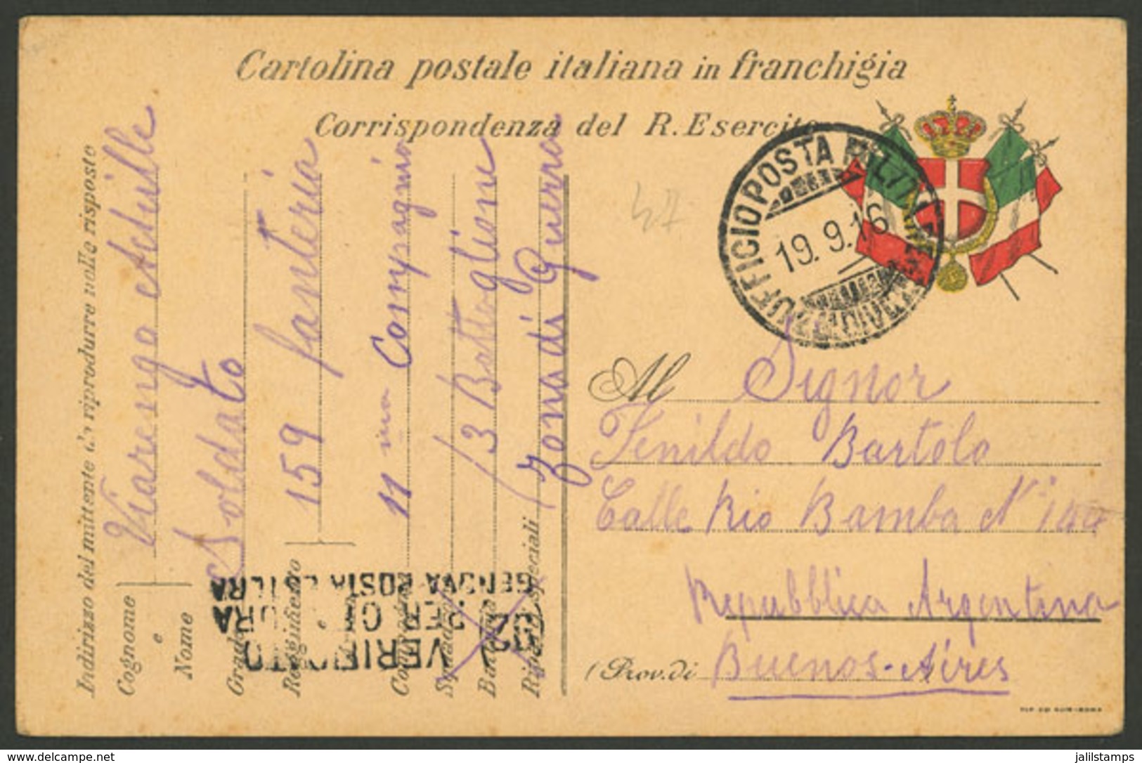 ITALY: 19/SE/1916 War Front - Argentina, Card With Military Free Frank Sent To Buenos Aires, VF Quality, Rare Destinatio - Non Classés