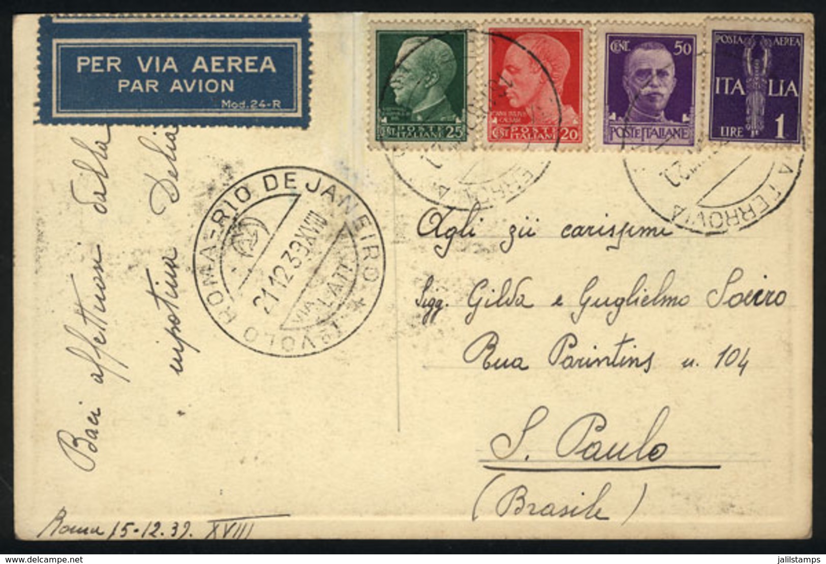 ITALY: 21/DE/1939 LATI First Flight Roma - Rio De Janeiro, Postcard Sent From Roma To Sao Paulo, Arrival Backstamp, Very - Non Classés