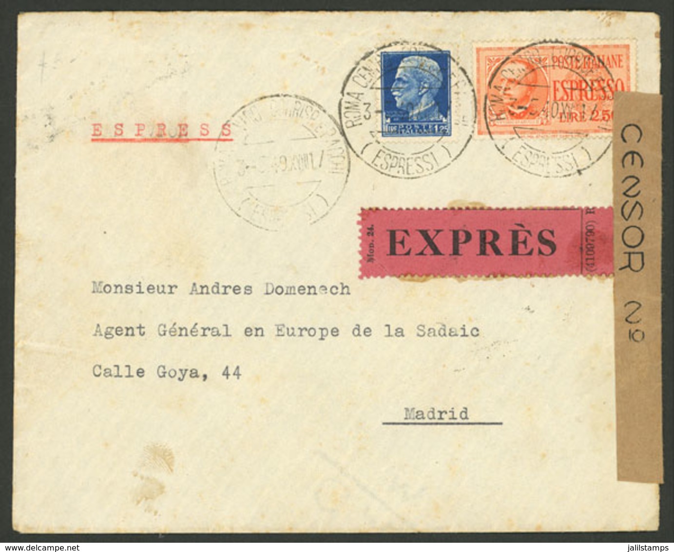 ITALY: 3/MAY/1940 Roma - Madrid, Express Cover Franked With 1.25L. For Regular Postage + 2.50L. For The Express Fee, Wit - Non Classés