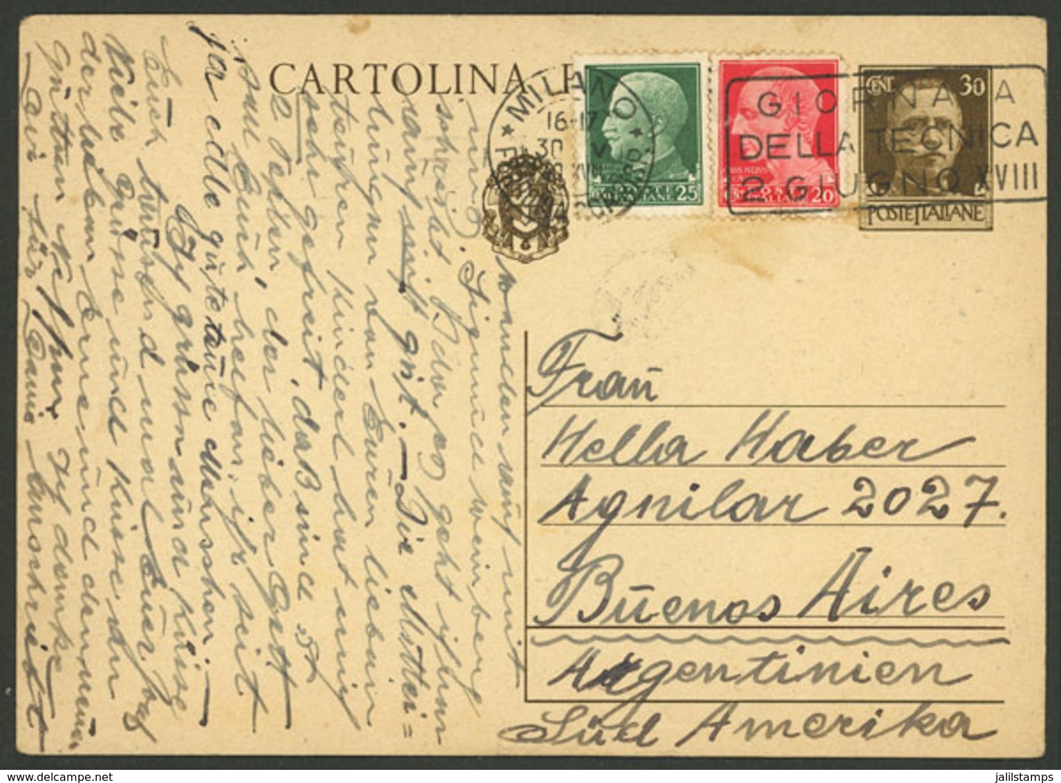 ITALY: 30/MAY/1940 Milano - Argentina, 30c. Postal Card + Additional Postage (total 75c.), Sent To Buenos Aires, Arrival - Non Classés