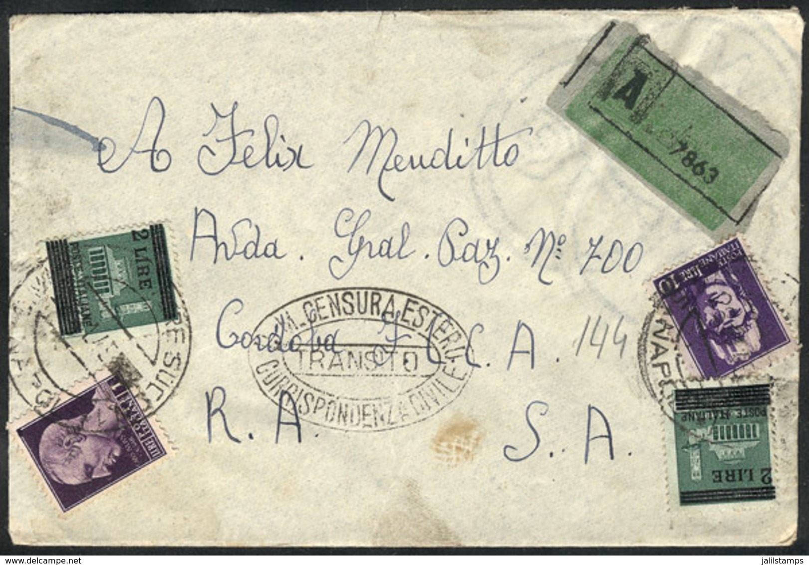 ITALY: Registered Cover Sent To Argentina In JAN/1946 Franked With 15L., Missing The Back Flap Else VF Quality! - Non Classificati