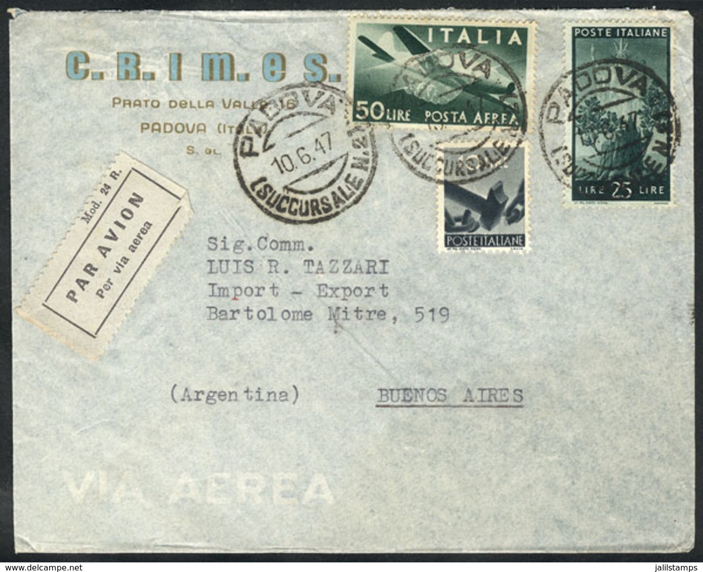 ITALY: Airmail Cover Franked With 85L. Including The Airmail 50L. Green, Sent From Padova To Argentina On 10/JUN/1947, V - Non Classés