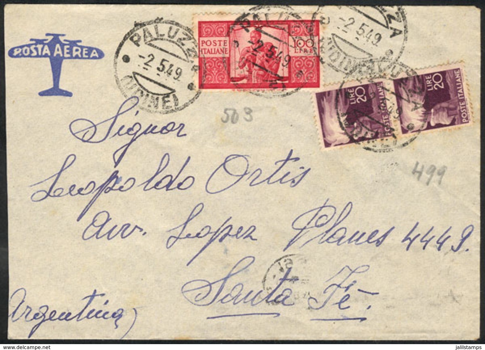 ITALY: Airmail Cover Sent From Paluzza To Argentina On 2/MAY/1949 Franked With 140L., Including The 100L. Democratica Re - Non Classés