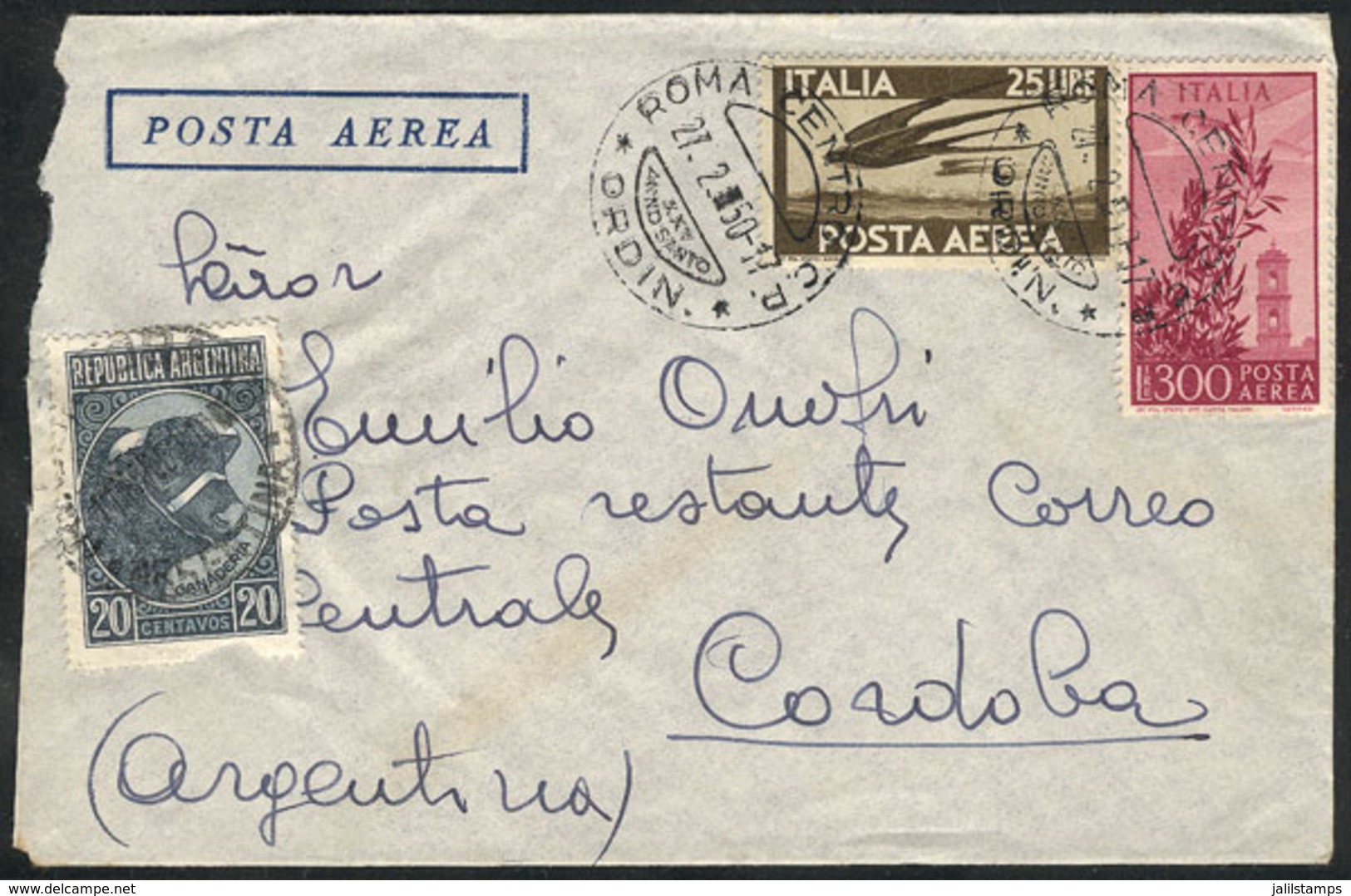ITALY: Airmail Cover Sent On 27/FE/1950 From Roma To POSTE RESTANTE, Córdoba (Argentina), With 20c. Stamp To Pay The Ser - Non Classés