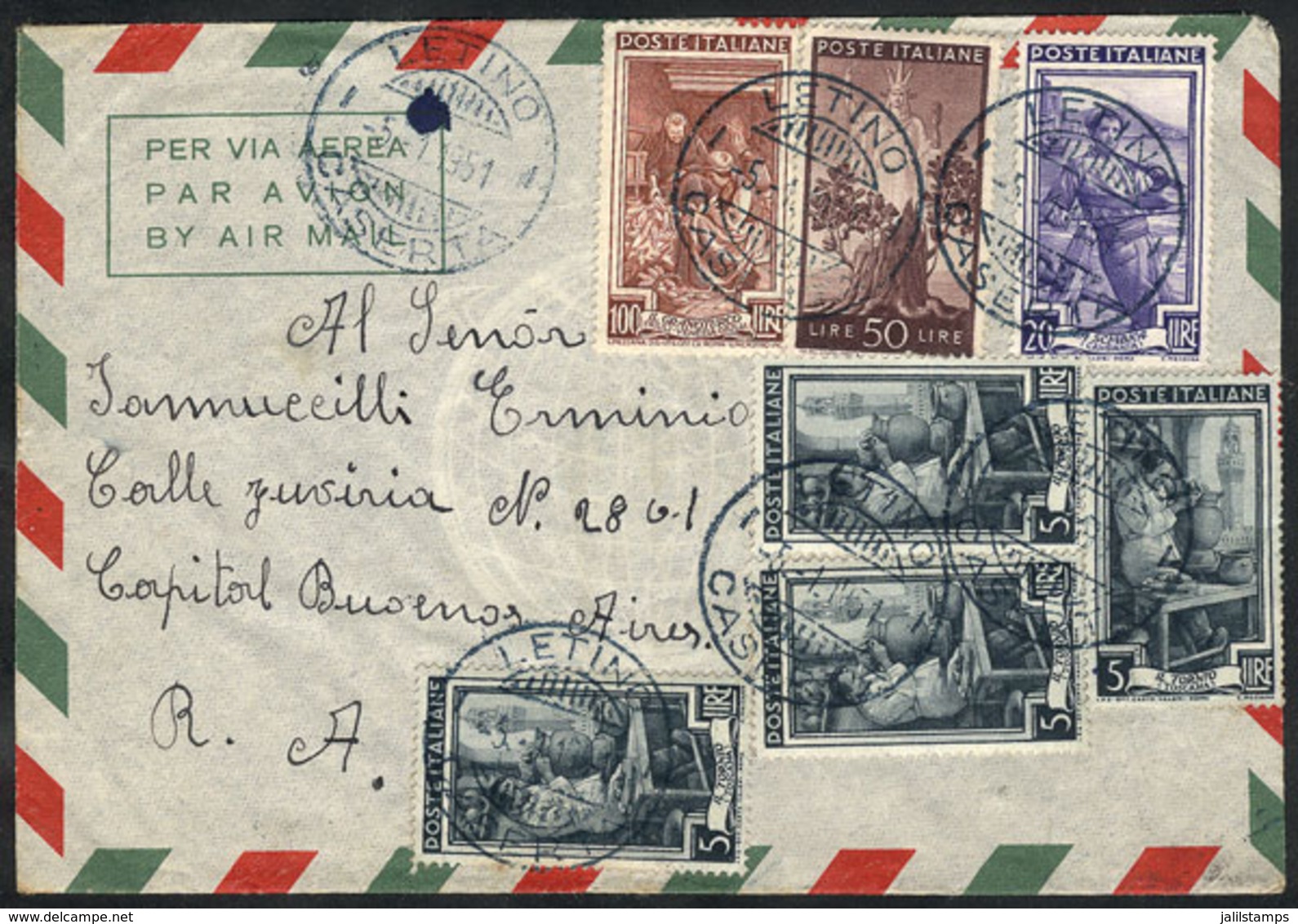 ITALY: Airmail Cover Sent From Letino To Argentina On 5/JA/1951 Franked With 190L., Combining 50L. Of Democratica Issue  - Non Classés