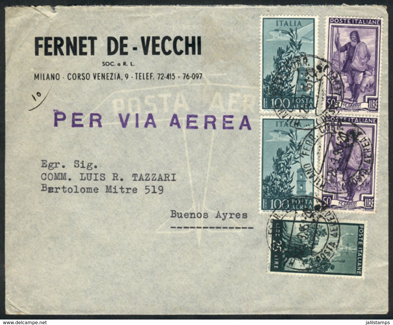 ITALY: Airmail Cover Franked With 325L., Sent From Milano To Argentina On 21/MAR/1951, VF! - Non Classificati