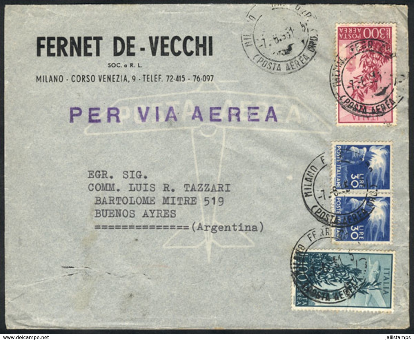 ITALY: Airmail Cover Franked With 460L., Sent From Milano To Argentina On 7/AU/1951, VF! - Non Classificati