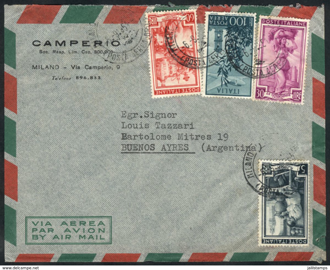 ITALY: Airmail Cover Franked With 195L., Sent From Milano To Argentina On 6/SE/1951, Fine Quality! - Non Classés