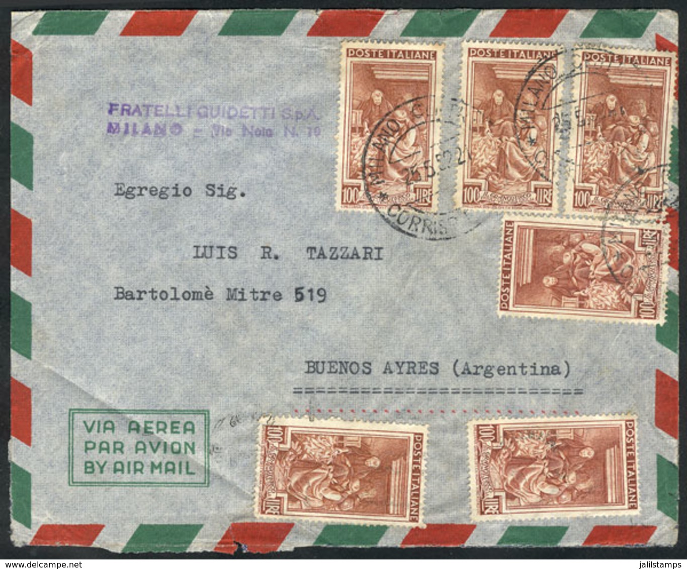 ITALY: Airmail Cover With Spectacular Postage Of 600L. (100L. Lavoro X6), Sent From Milano To Argentina On 25/MAY/1952,  - Non Classificati