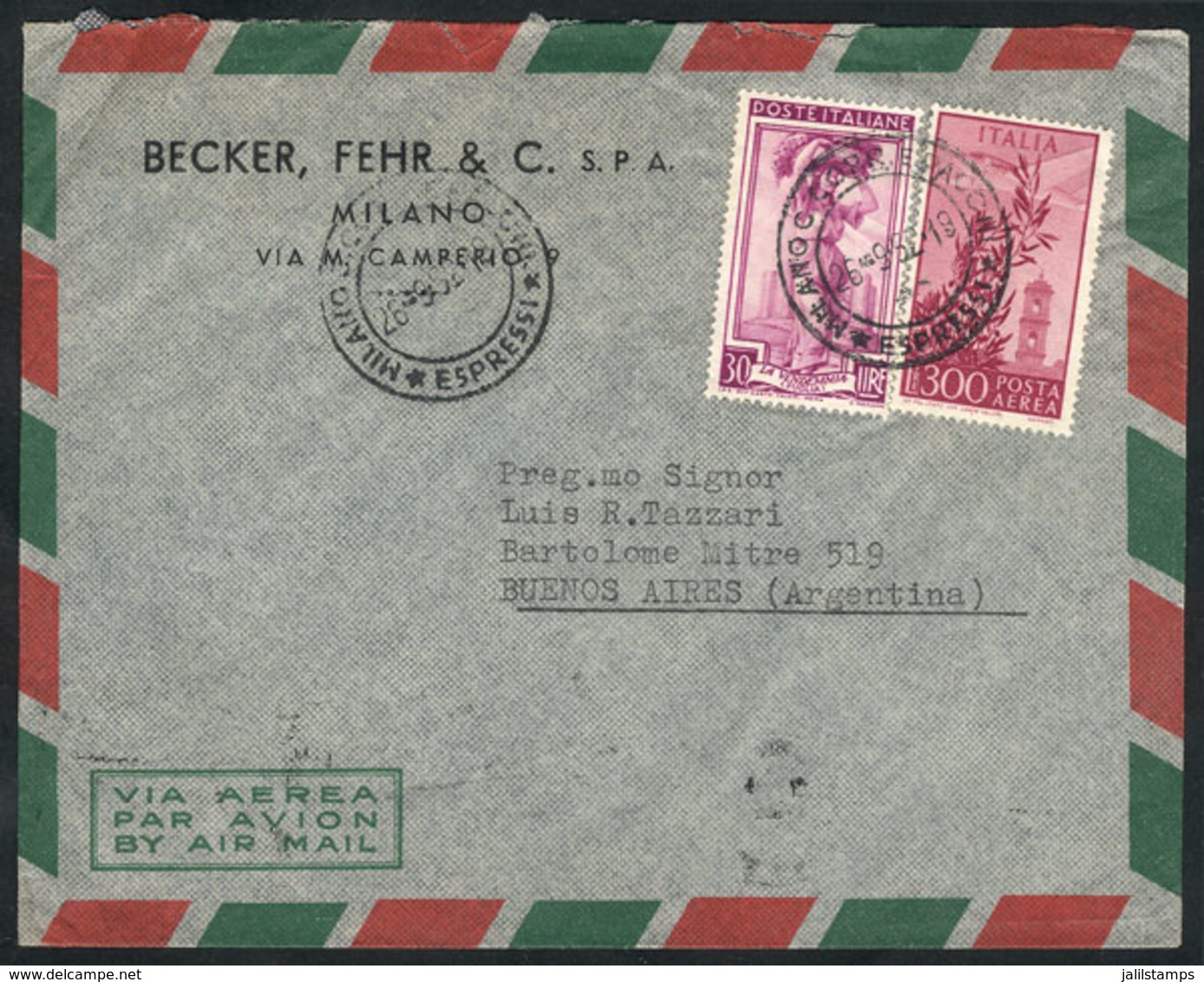 ITALY: Airmail Cover Franked With 330L., Sent From Milano To Argentina On 26/SE/1952, VF! - Sin Clasificación