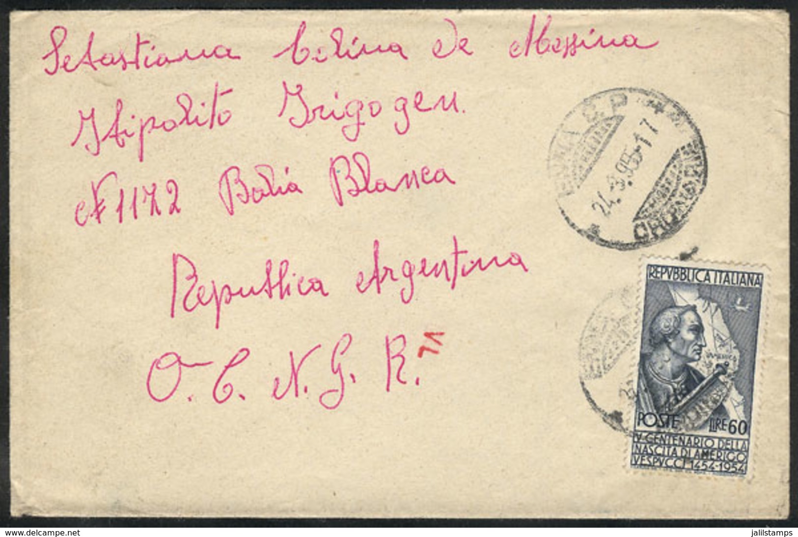 ITALY: Cover Sent From Enna To Argentina On 24/SE/1955, Franked With 60L. (Sassone 750 ALONE), Very Fine! - Non Classificati