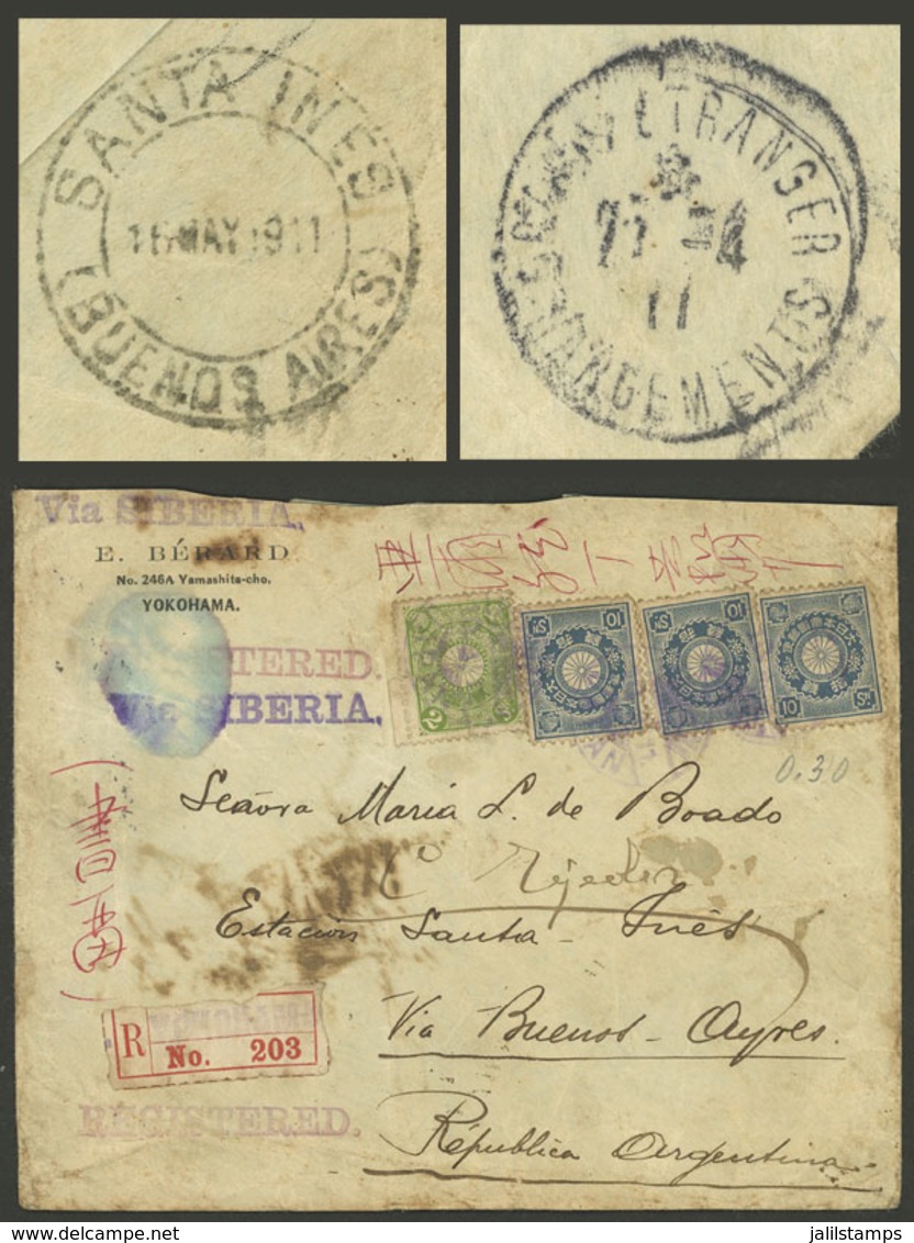 JAPAN: Registered Cover Sent From Yokohama To Argentina, On Back It Bears France Transit Of 25/AP/1911 And Santa Inés (B - Autres & Non Classés